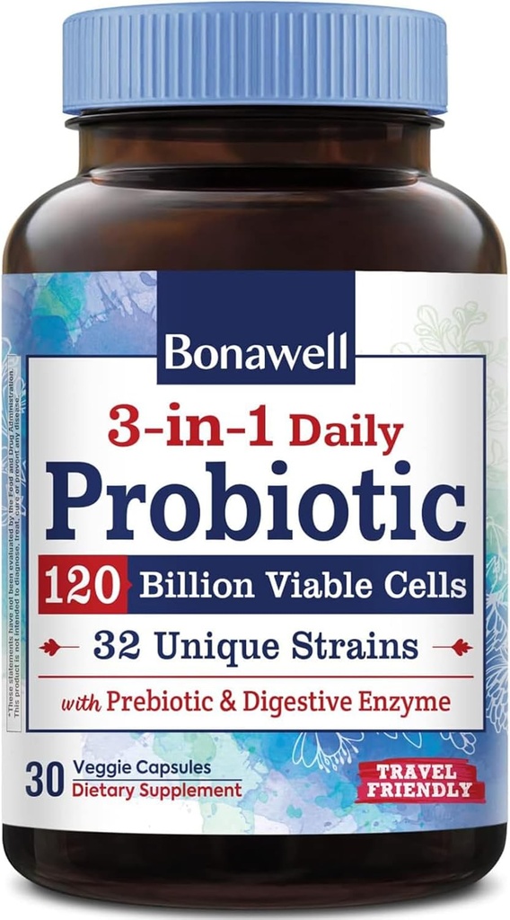 Bonawell Probiotika 120 Millioner CFU 32 Strops med Prebiotika, fordøjelsesenzymer til Gut Health, 3- in-1 Daily Probiotika, Shelf- Stable, Delayed- Release, 30 Veggie Caps