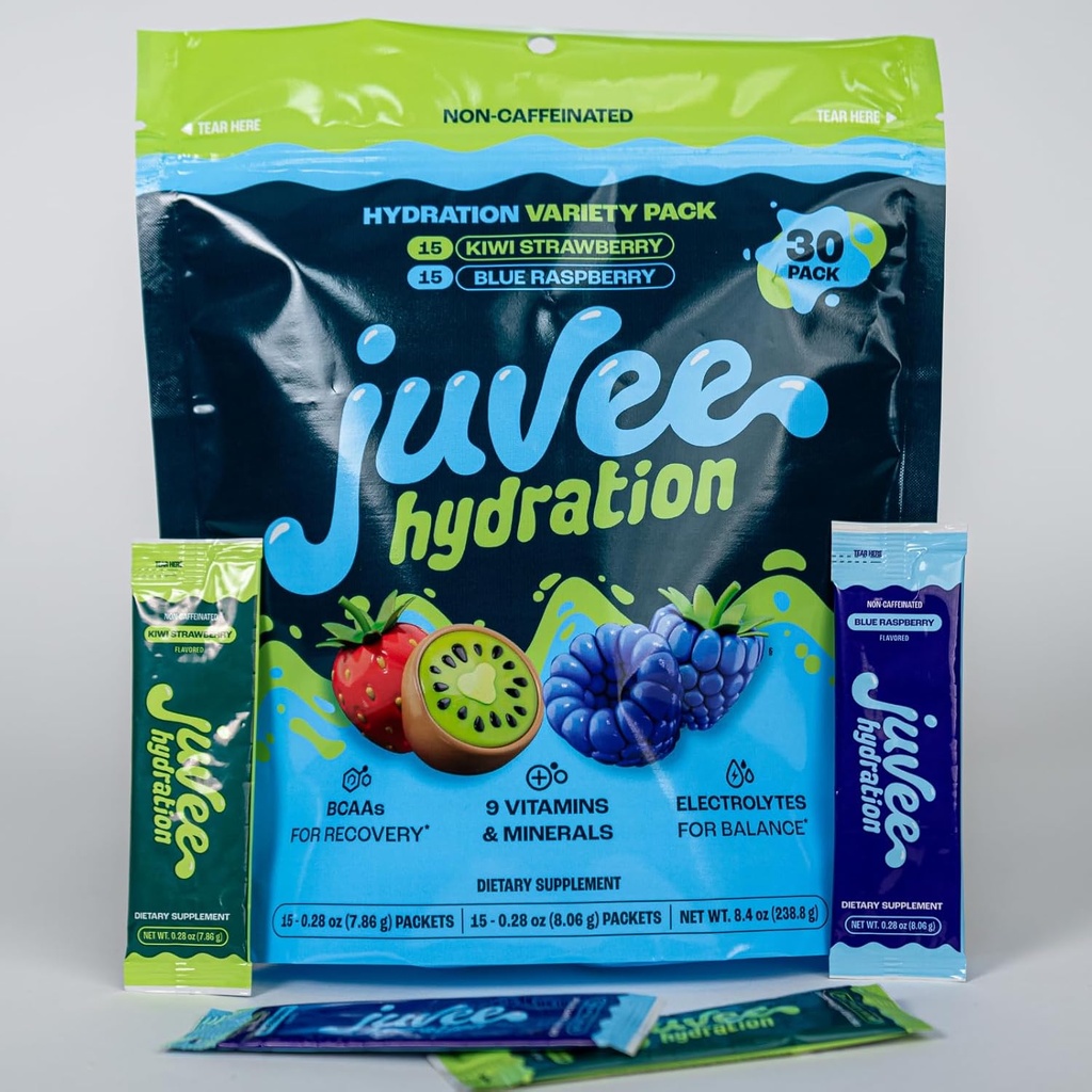 Juvee Hydration - Zero Sugar, Caffe- Free, Electrolytes, BCAAs, Vitamin & Minerals - 15 kalorier, Gluten- Free, Vegan, Non- GMO - Variety Pack - 30 Greve