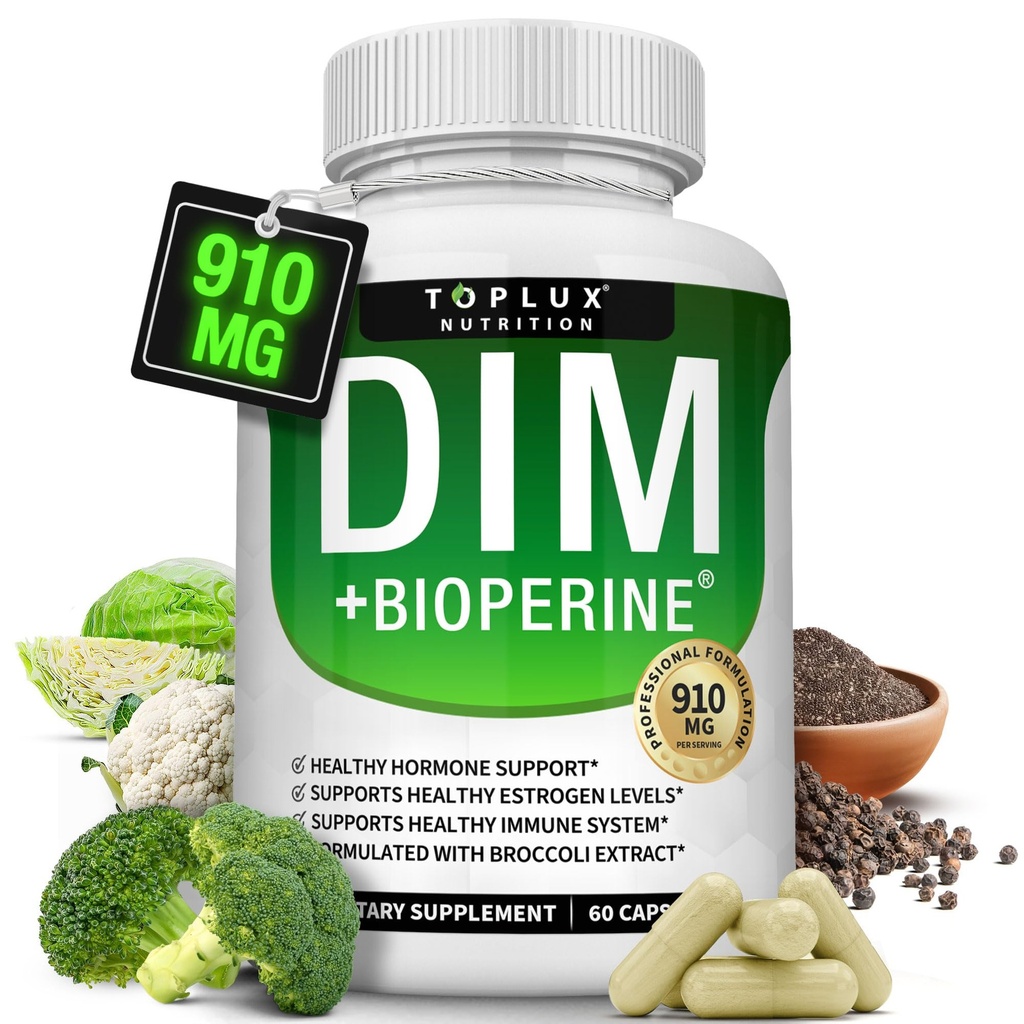 Dim Supplement 910 mg Plus BioPerine Complex - Diindolylmethan til støtte Hormonbalance og østrogen Metabolisme, Hjælper med overgangsalderen Acne PCOS bedre hud Bodybuilding, for mænd kvinder, 60 kapsler