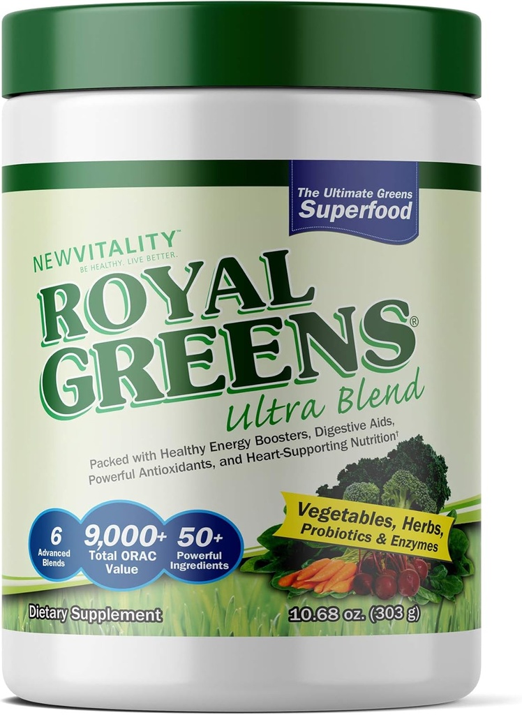 Ny Vitality Royal Green Superfood Powder 124; Sund Veggie Powder med Probiotika, Enzymer, Antioxidanter, Hvedegræs & Grønne 10.75oz (30 dages forsyning)