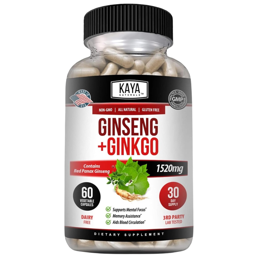 Kaya Naturals Red Panax Ginseng + Ginkgo Biloba - Nootrop Brain Supplement - Kognitiv og koncentrering Support - Brain Booster, Fokus og hukommelse supplement - 60 kapsler