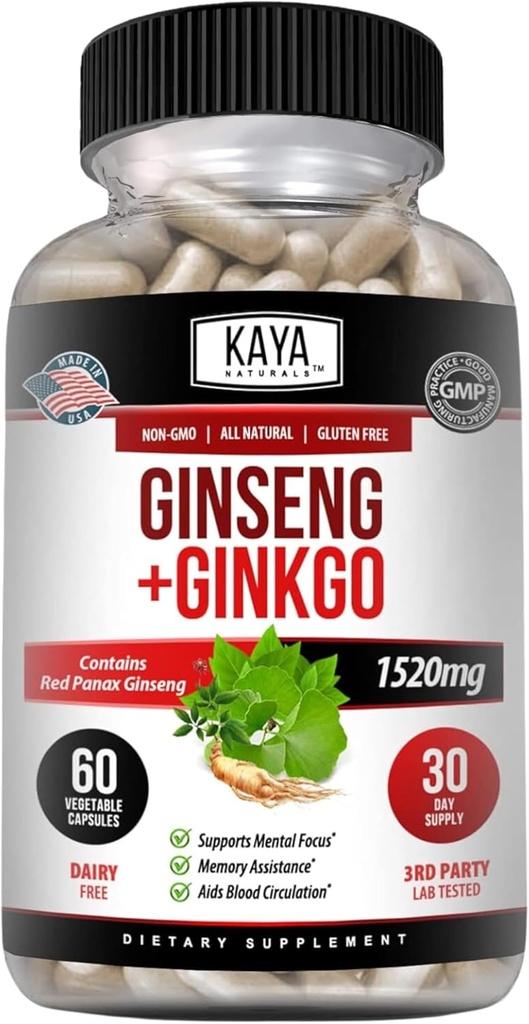 Kaya Naturals Red Panax Ginseng + Ginkgo Biloba - Nootropic Brain Supplement - Cognitive and Concentration Support - Brain Booster, Focus, and Memory Supplement - 60 Capsules