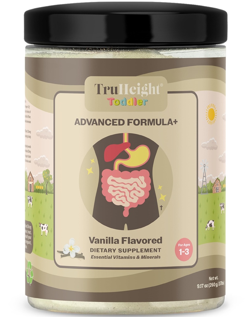 Truheight Toddler Advanced Formel + (Vanilla) 16 Vitaminer, herunder C, D, Protein & Jern for 1, 2, 3 År gamle, Milk baseret næringsværdi drik, Toddler komplet ernæring 12-36 Måneder - Ikke GMO