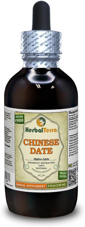 Kinesisk Dato (Ziziphus Jujuba) Tinktur, Økologisk tørret frø flydende ekstrakt (Brand name: HerbalTerra, Stolt Made in USA) 4 fl.oz (120 ml)