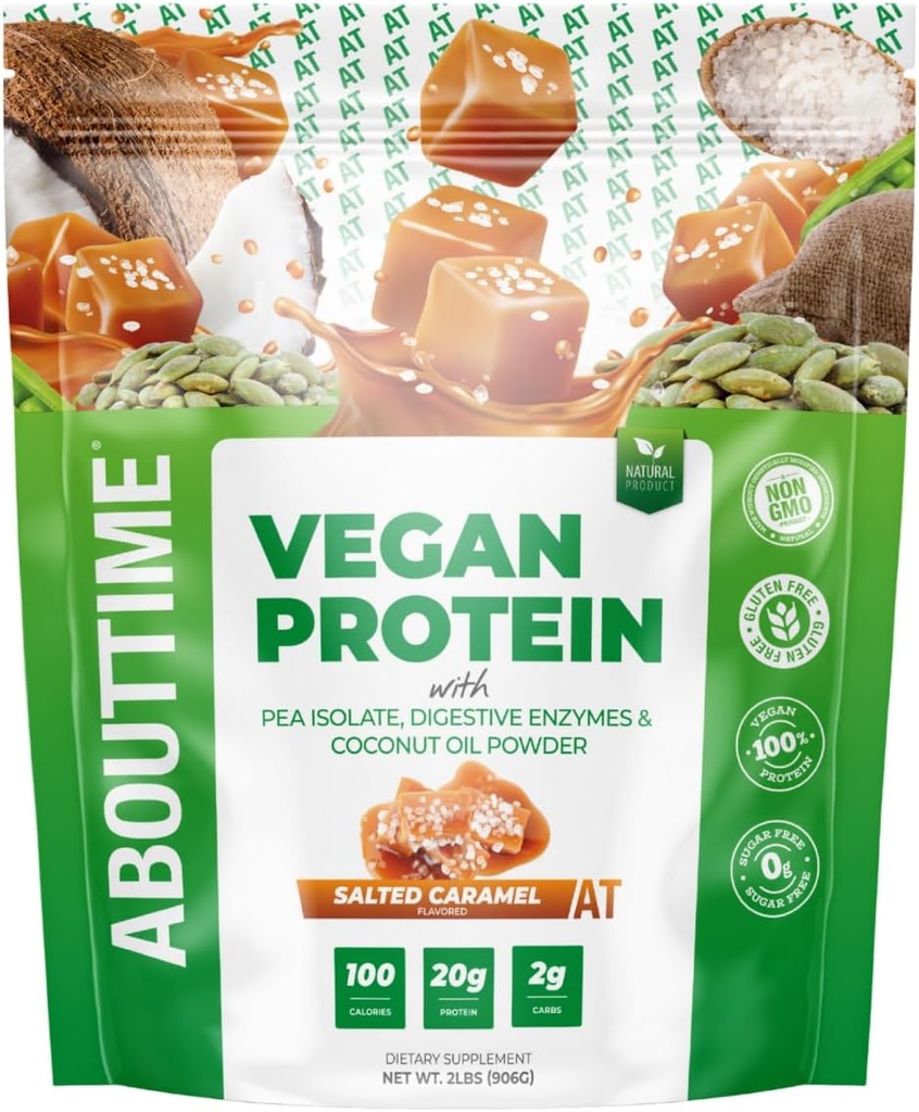 Om tid Vegansk protein pulver 20g Saltet Caramel, naturlige ingredienser, non-GMO, Plant baseret, Gluten Free, Soy Free, Dairy Free, 32 Servering