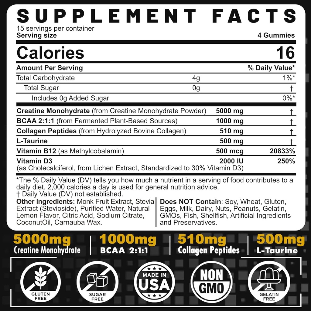Mænds & kvinders Creatinine Monohydrat Gummies Complex, 6-in-1 Chewable præ-workout Creatin med BCAA, Collagen Peptider, L- Taurine, 15 Servere, Natural Lemon Flavor - 60 Greve (Pack of 1)
