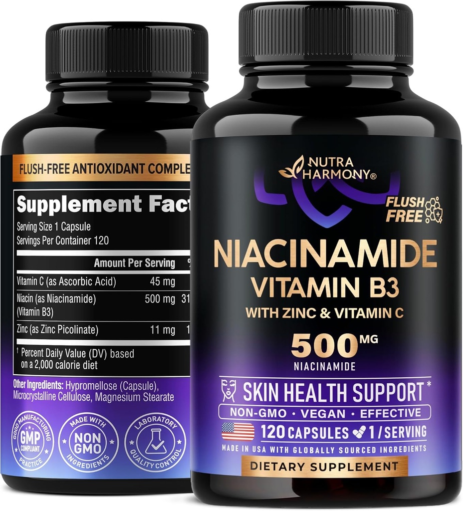 Niacinamid 500 mg - vitamin B3 flush- fri form Niacinamid supplement - sund klar hud & antioxidant support - med zink & C-vitamin - Lab testet, Vegan & NON- GMO - Made in USA - 120 kapsler