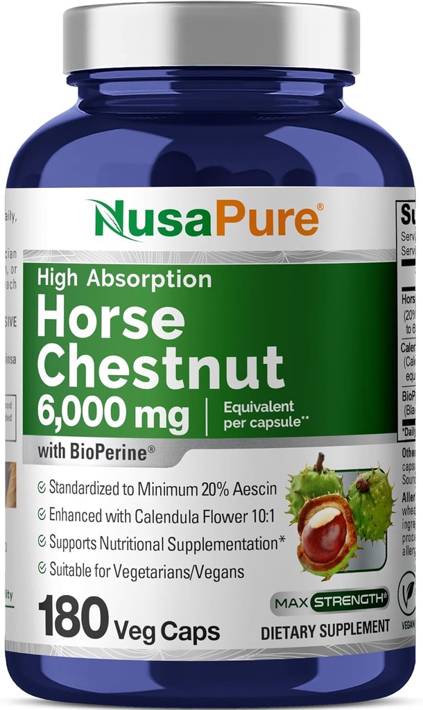 NusaPure Horse Chestnut 20: 1 Extract, 300 mg Tilsvarende 6.000mg 180 Veggie Caps Non- GMO, Vegan, BioPerine, Calendula Flower