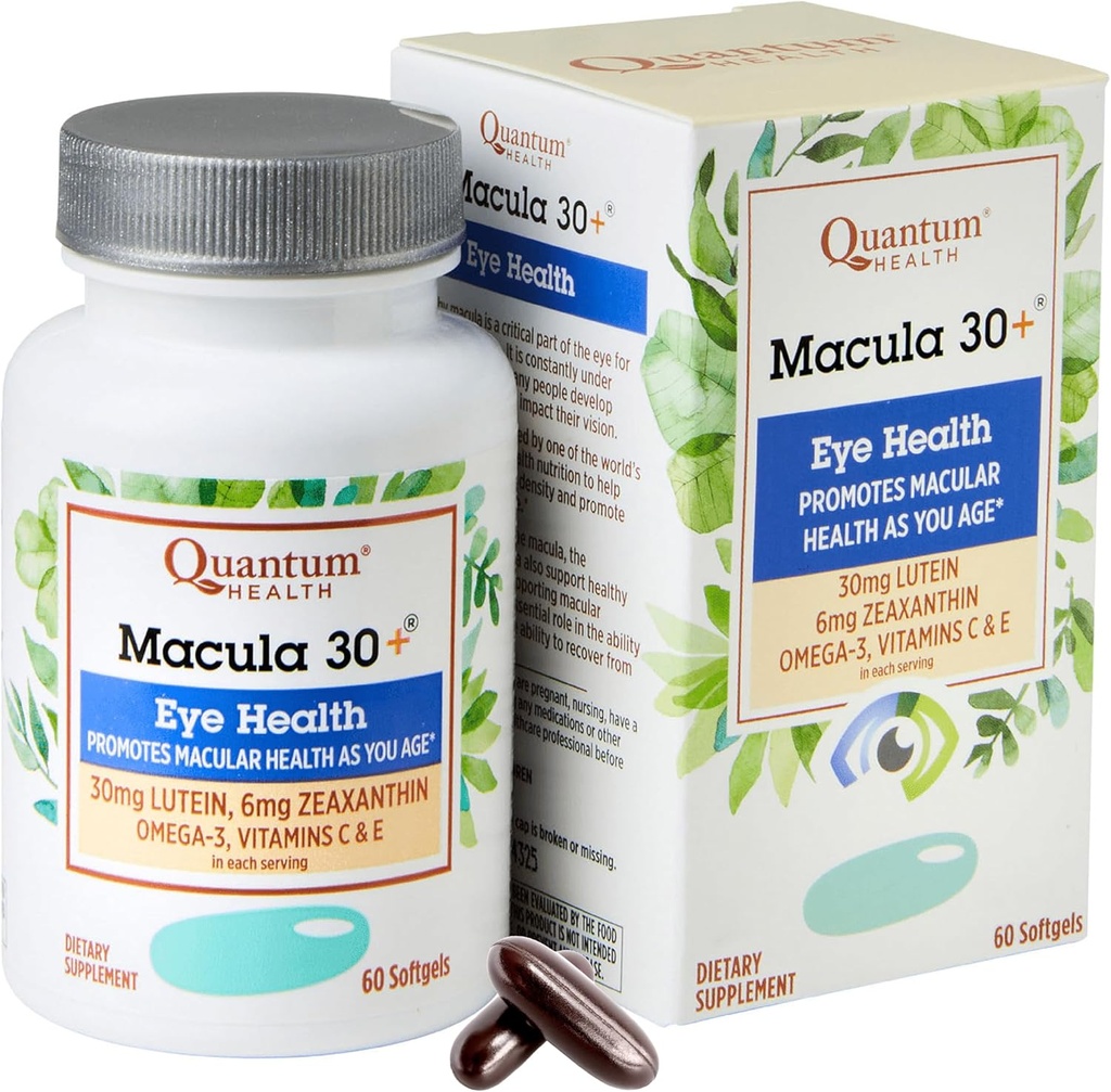 Quantum Health Macula 30 + Eye Care Supplement fremmer Macular & retinal sundhed som du alder med Lutein Zeaxanthin Omega-3 Vitaminer C & E Daglig ernæring for kvinder & mænd - 60 Softgels