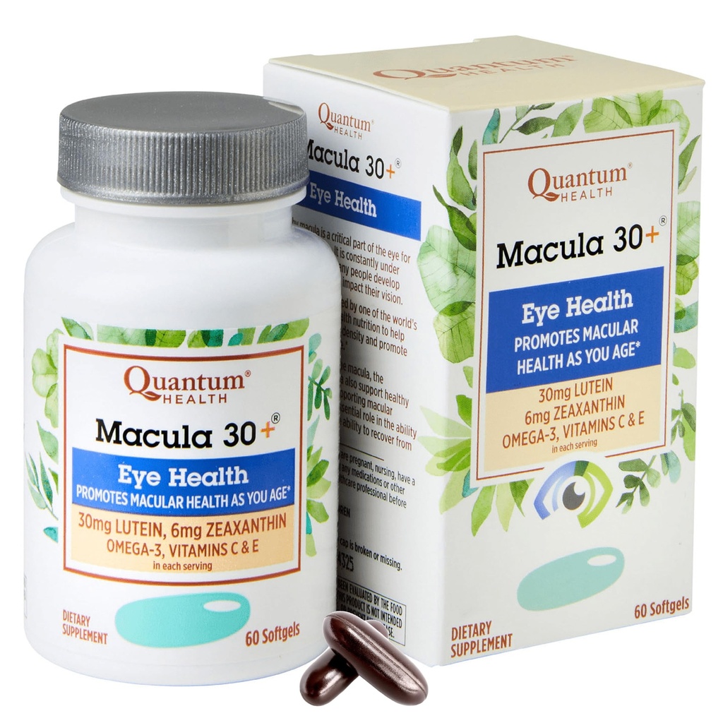 Quantum Health Macula 30 + Eye Care Supplement fremmer Macular & retinal sundhed som du alder med Lutein Zeaxanthin Omega-3 Vitaminer C & E Daglig ernæring for kvinder & mænd - 60 Softgels