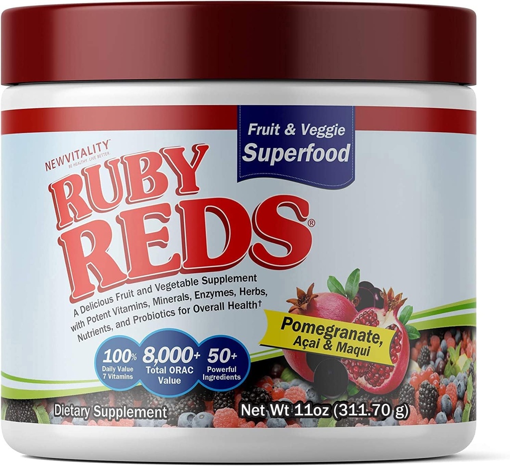 Ruby Red er 124; lækre røde pulver frugt & vegetabilsk supplement med potente vitaminer, mineraler, enzymer, urter, næringsstoffer og probiotika til den samlede sundhed 11 oz. (30 Servere)