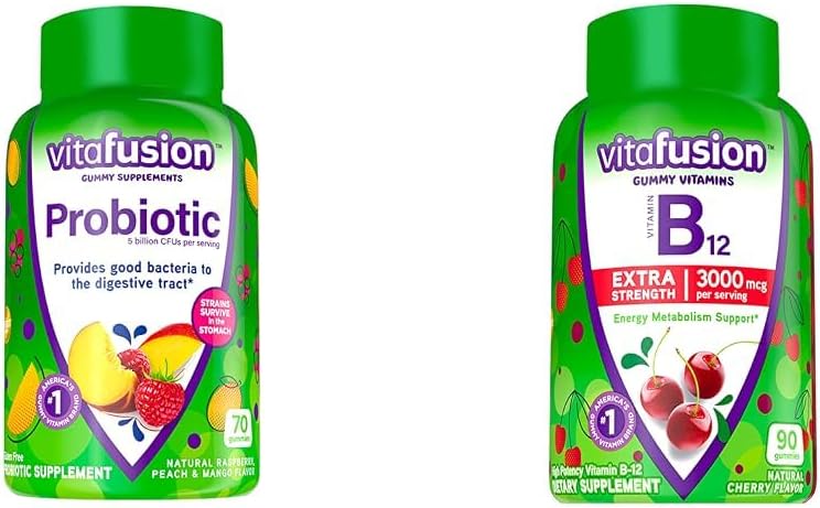 Viafusion Probiotiske Gummy Kosttilskud, Hindbær, Peach og Mango Flavors & Ekstra Styrke Vitamin B12 Gummy Vitamin