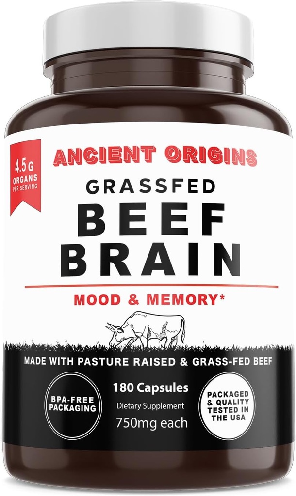 Ancient origin Grass Fed Beef Brain Supplement med oksekød lever, Hele fødevarer Brain Support fremmer hjerne, mad og hukommelse sundhed, hjerne og lever sundhed Formelkapsler, non-GMO, 180 Kapsler