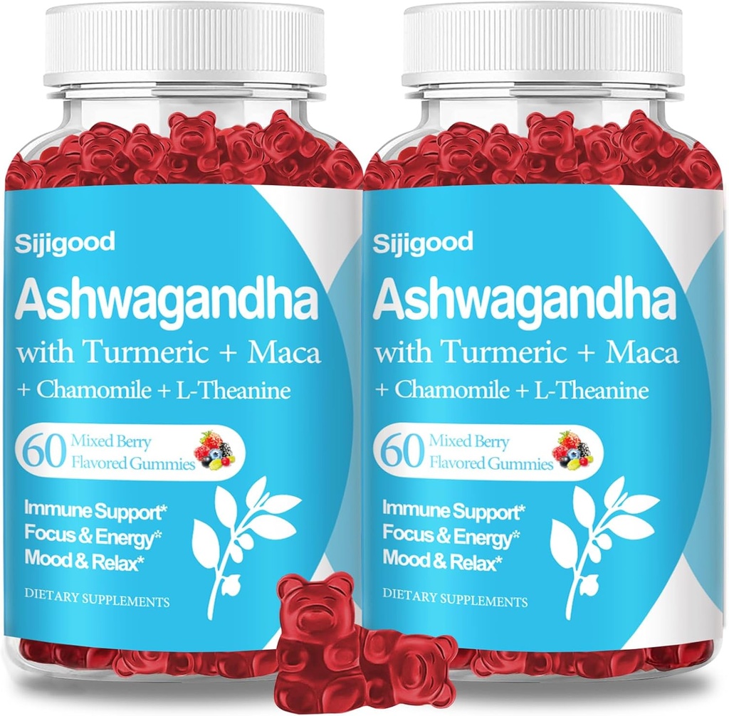2 Pack Ashwagandha Gummies med L- theine, Ashwa Root Supplement Gummy for kvinder Mænd, 120 Blandede Berry Flavored Gummies