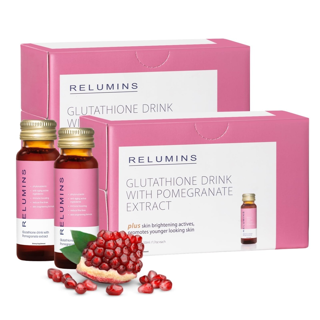 Reluminer Glutathione Hydration Shots C124; Holiday Glow C124; Deep Skin Hydration, Collagen & Antioxidant Boost til Radiant, Supple Skin C124; Pomegranate Flavor Beauty Drink 124; Lavet i USA C124; 20 flasker x 50ml