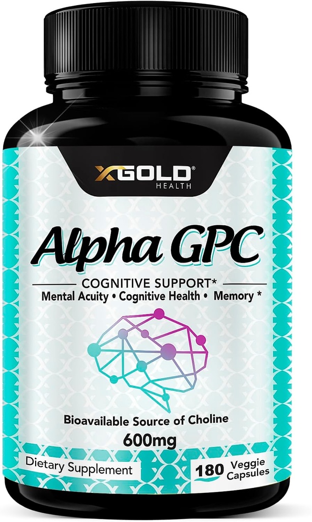 Alpha GPC Cholin Supplement 600mg, 99% + Meget Renset, Meget biotilgængelig kilde til cholin, 180 Veggie kapsler, Kognitiv Enhancer Nootrop, understøtter hukommelse & hjerne funktion, øger fokus & mad