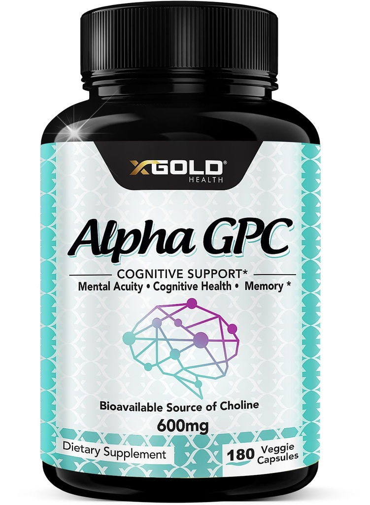 Alpha GPC Cholin Supplement 600mg, 99% + Meget Renset, Meget biotilgængelig kilde til cholin, 180 Veggie kapsler, Kognitiv Enhancer Nootrop, understøtter hukommelse & hjerne funktion, øger fokus & mad