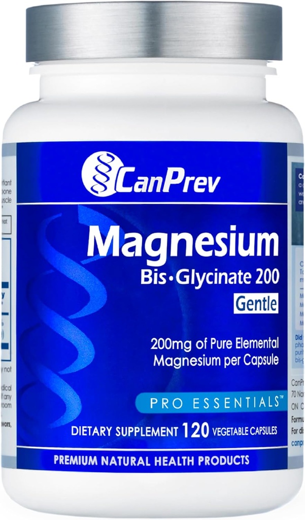 CanPrev Magnesium Bis- Glycinate Gentle 200mg, 120 V- Caps 120- Day Supply - Pure Elemental Magnesium supplement, Understøtter Knogler og Muskelfunktion, Gentle på Mave, Perfekt til daglige Magnesium behov