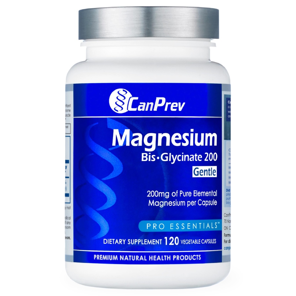 CanPrev Magnesium Bis- Glycinate Gentle 200mg, 120 V- Caps 120- Day Supply - Pure Elemental Magnesium supplement, Understøtter Knogler og Muskelfunktion, Gentle på Mave, Perfekt til daglige Magnesium behov