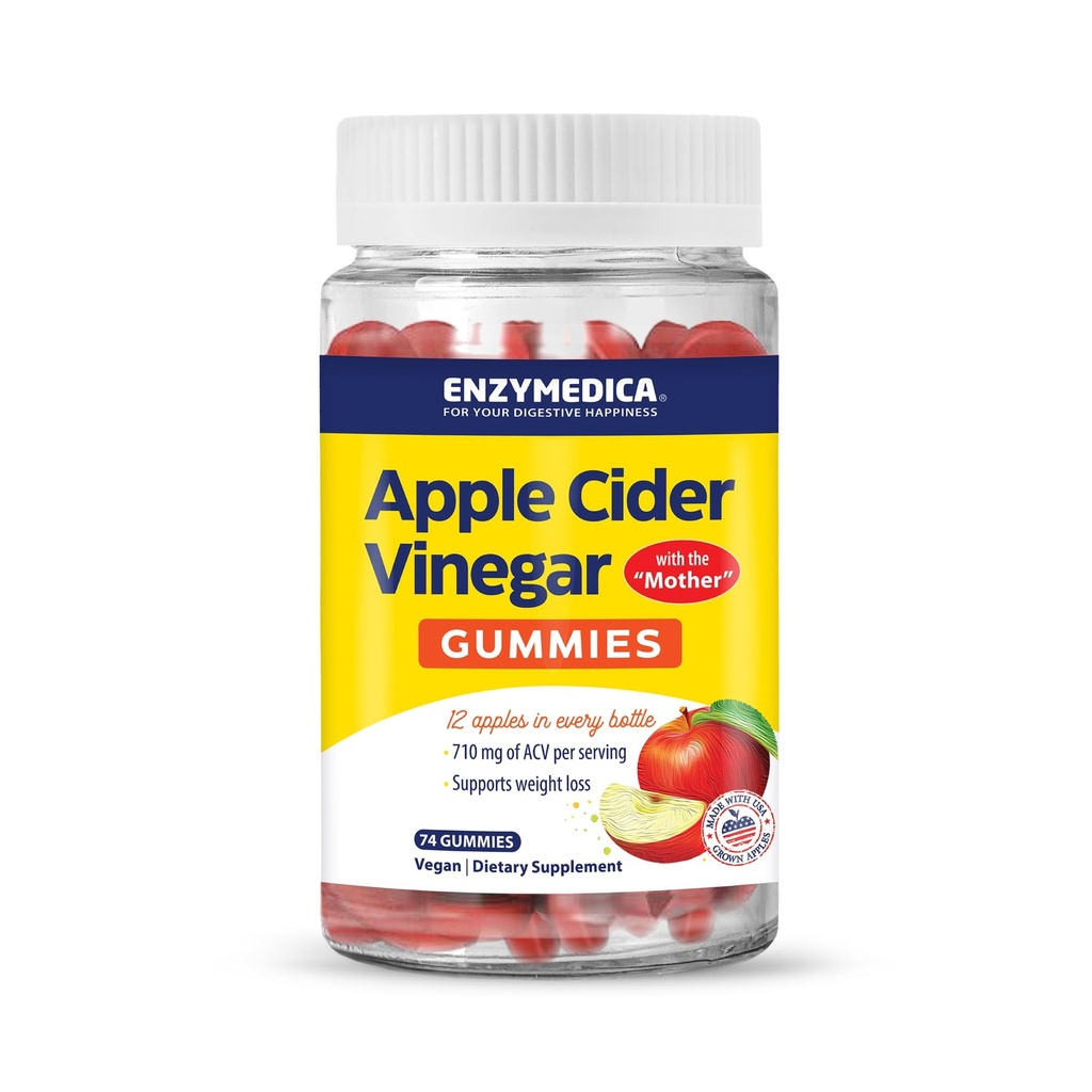 Enzymedica, Apple Cider Vinegummi, Made with The Mother, 12 Organic, USA- Grown Apples per flaske, [c] [d] 1000 mcg Vitamin B12 per Serving, Natural Apple, 74 Greve