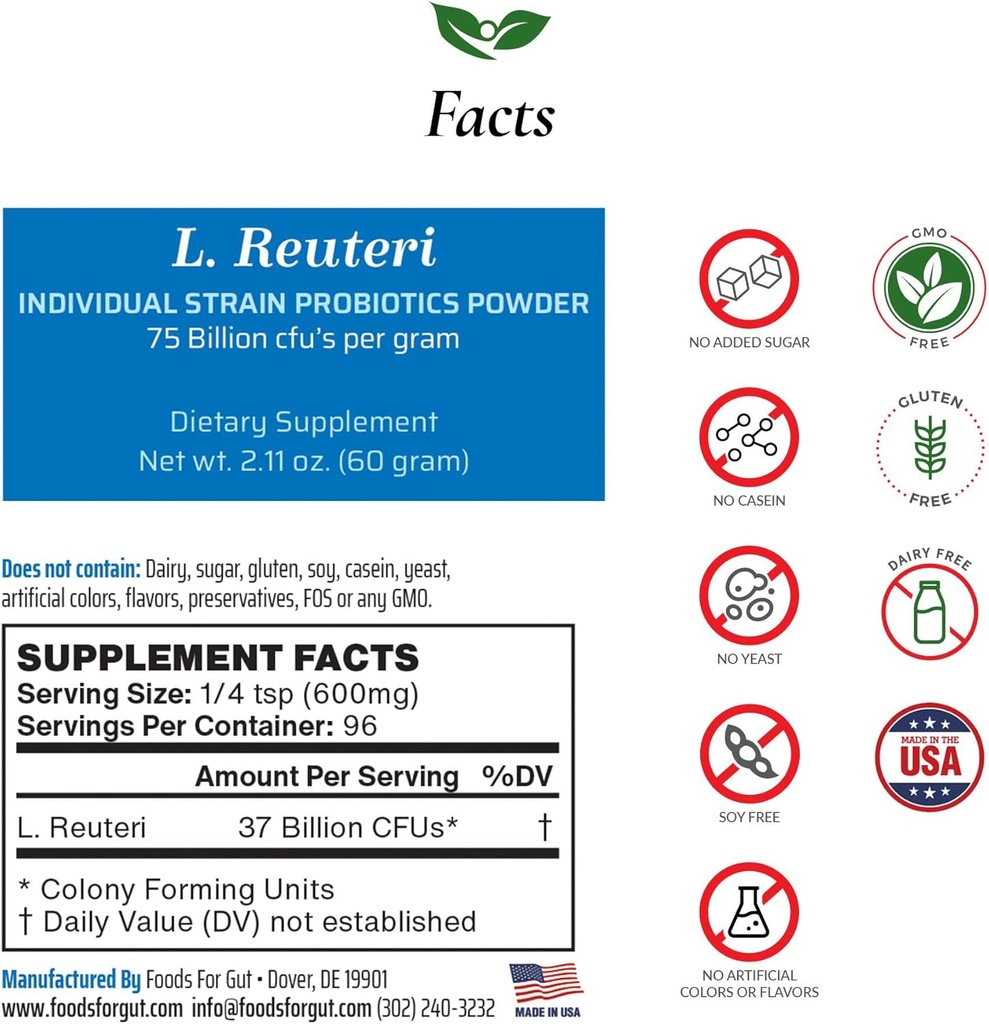 Lactobacillus Reuteri Probiotic Powder 75 Million cfu s against 124; Lavet i USA Note 124; Ingen tilsætningsstoffer