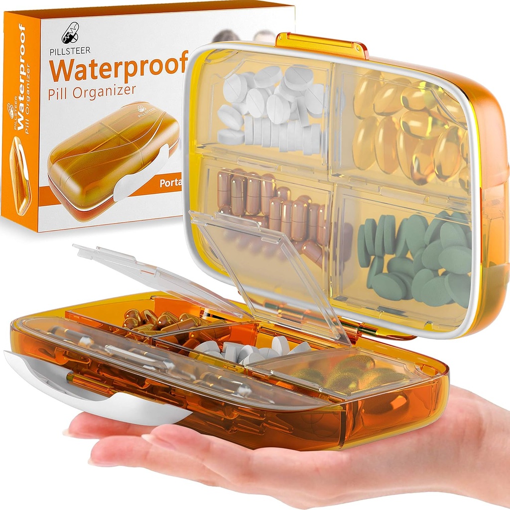 Travel Pill Organizer Medicine Dispenser - Fugt- Proof Pill bokse og Organizer - Bærbar Vitamin Container Holder - 8 store afdelinger for medicin og kosttilskud