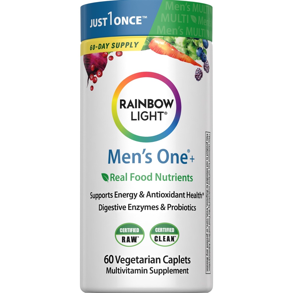 Rainbow Light Herre One Multivitamin, Mænds Daily Multivitamin Provides High- Potency Immunsupport, Med C-vitamin, D-vitamin og zink, Vegetar, 60 Greve