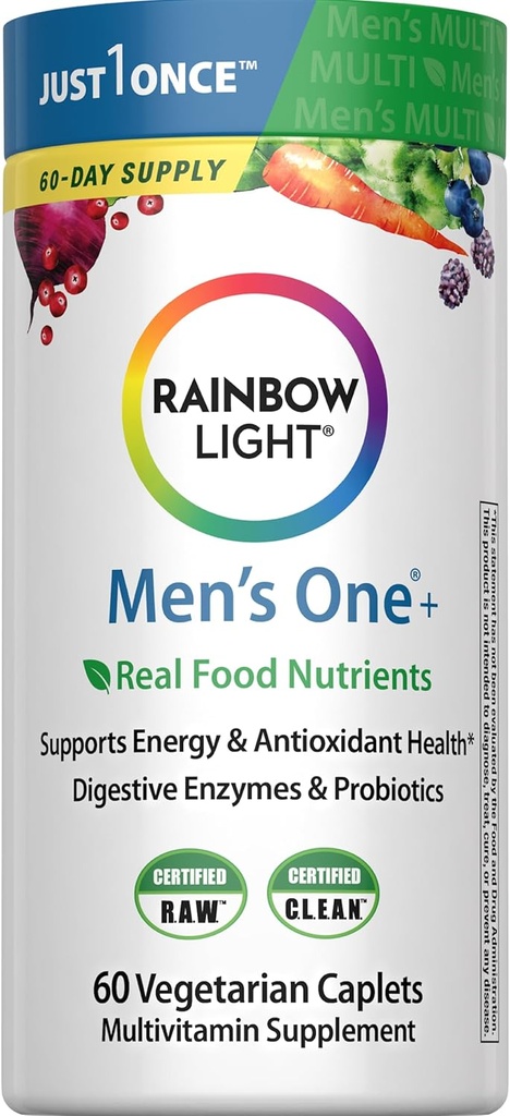 Rainbow Light Herre One Multivitamin, Mænds Daily Multivitamin Provides High- Potency Immunsupport, Med C-vitamin, D-vitamin og zink, Vegetar, 60 Greve