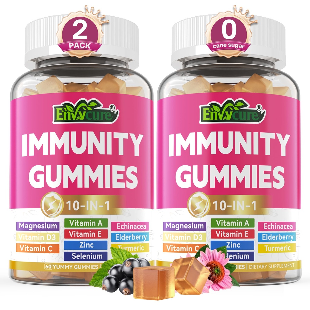 10 i 1 immunsupport Gummies, w / Echinacea, Elderberry C-vitamin og zink, Selenium, D3 5000IE, Magnesium, Daglig immunbooster Multivitamin, for Antioxidant Bone Energy, 2 Pack