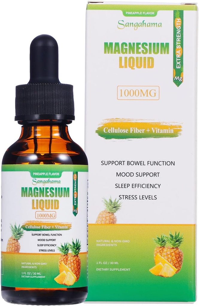 Magnesium Glycinate Liquid Drops, 1000mg Magnesium Liquid Supplement med Cellulose Fiber, Bromelain, B6-vitamin, C, D, Zink, Non- GMO, Ananas Navor (1fl oz)