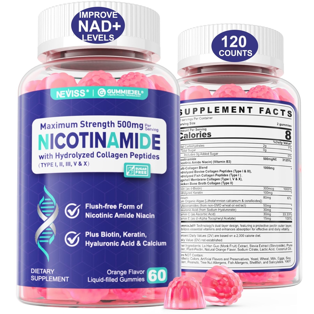 2 Pack - Nicotinamid 500mg Gummies, NAD + tillæg til kvinder & mænd w / Collagen Peptider, (Flush Free Niacin) Vitamin B3 Niacinamid til anti- Aging, NAD + Niveauer, lang levetid, fokus og hjerne, sukkerfri