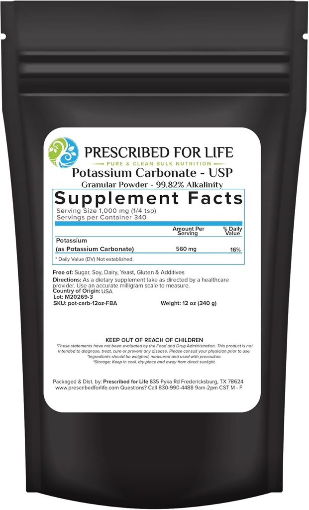 Udskrevet for Life Kalium Carbonat Powder, Natural USP Food Grade Potash for Planter, Sæbe, Kosttilskud, & Mere, Pure Bulk Kalium Powder (12oz / 340g)