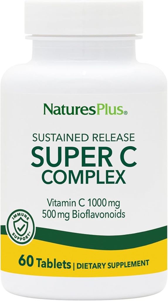NaturePlus Super C Complex, Vedvarende udgivelse - 60 tabletter - 1000mg C-vitamin + 500mg Bioflavonoider - Vegetarisk, Gluten Gratis - 60 Servere