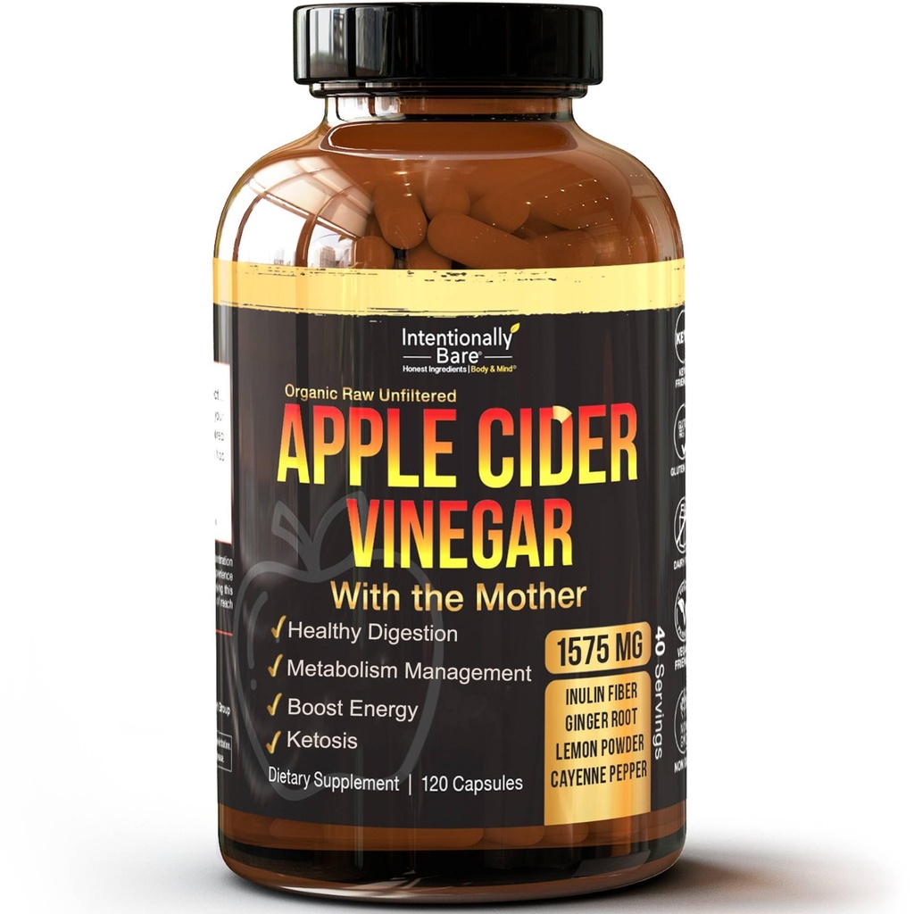 Intentionally Bare Apple Cider Vincils med mor kapsler - ACV kapsler med ingefær, Lemon, Cayenne og Inulin - Keto Friendly and Gluten Free for Energy, Immunity and Gut Health - 120 kapsler