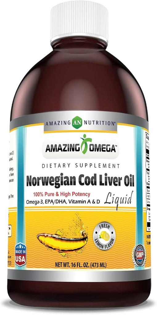 Amazing Omega Norwegian Liquid Fish Oil against 124; 16 Oz against 124; 1625Mg Omega -3s, DHA, EPA pr Serving Measures 124; Friske Lemon Flavor Measures 124; Non- GMO Measures 124; Gluten- Free Measures 124; Fremstillet i USA