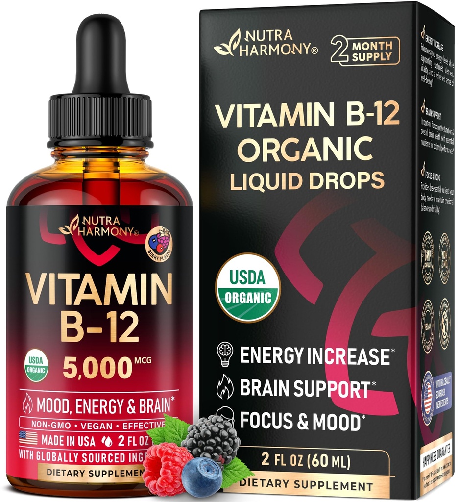 USDA Organic Vitamin B12 Sublingual Drops - 5000 mcg Flydende Vegansk Methylcobalamin til kvinder & mænd - Energy Boost, Focus & Food, Brain Health Support - Maximize Absorption - 2 Month Supply, 2 fl oz