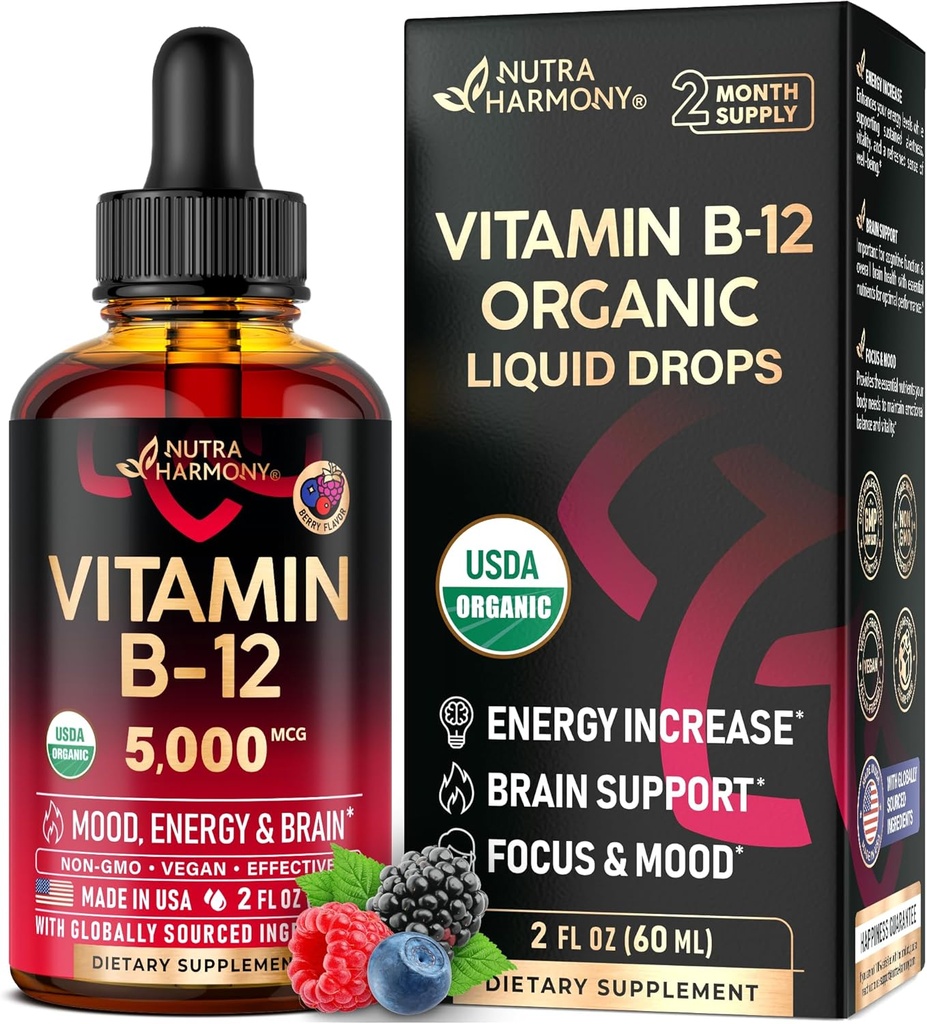 USDA Organic Vitamin B12 Sublingual Drops - 5000 mcg Liquid Vegan Methylcobalamin for Women & Men - Energy Boost, Focus & Mood, Brain Health Support - Maximize Absorption - 2 Month Supply, 2 fl oz
