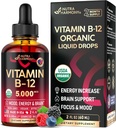 USDA Organic Vitamin B12 Sublingual Drops - 5000 mcg Flydende Vegansk Methylcobalamin til kvinder & mænd - Energy Boost, Focus & Food, Brain Health Support - Maximize Absorption - 2 Month Supply, 2 fl oz
