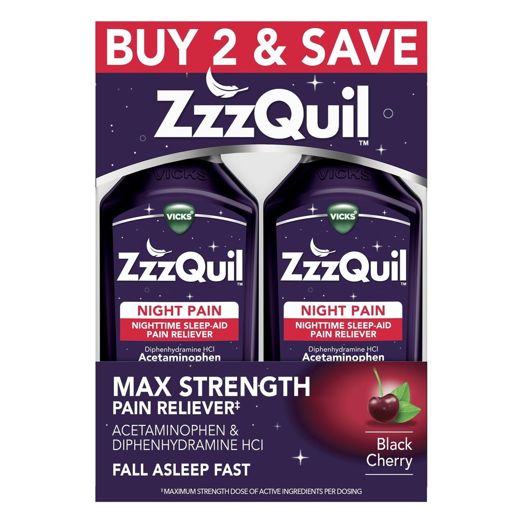 ZzzQuil Liquid Max Strength Pain Reliever, Nighttime Sleep Aid Liquid, Acetaminophen 1000mg, Diphenhydramin 50mg HCI, Non- Habit Forming, Black Cherry Flavored, 2 Pack, 24 FL OZ