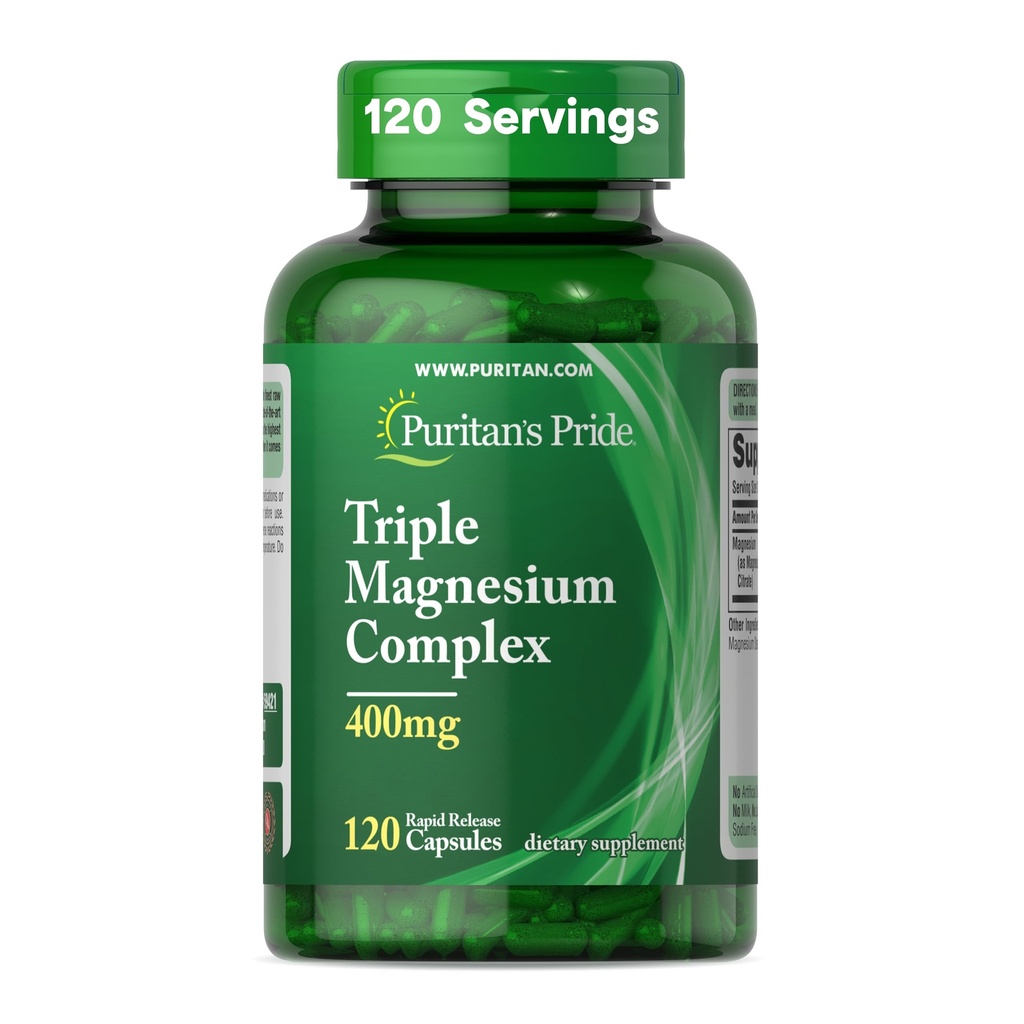 Puritans Pride Triple Magnesium Complex med Magnesium Oxide, Aspartat, og Citrate 400mg, Kosttilskud til muskel, hjerte, nerve, og ben støtte, 120 hurtige frigivelse kapsler