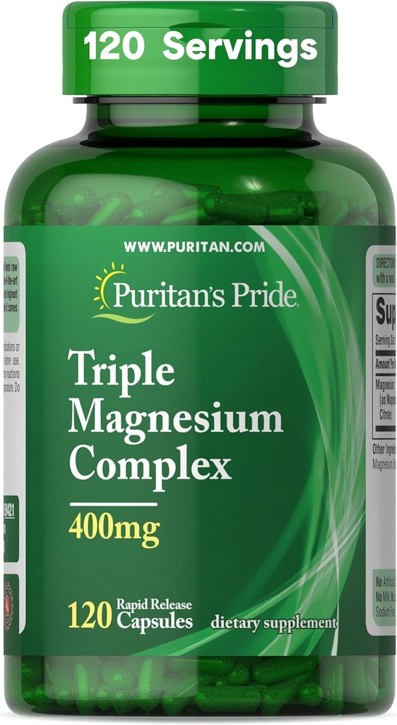 Puritans Pride Triple Magnesium Complex med Magnesium Oxide, Aspartat, og Citrate 400mg, Kosttilskud til muskel, hjerte, nerve, og ben støtte, 120 hurtige frigivelse kapsler