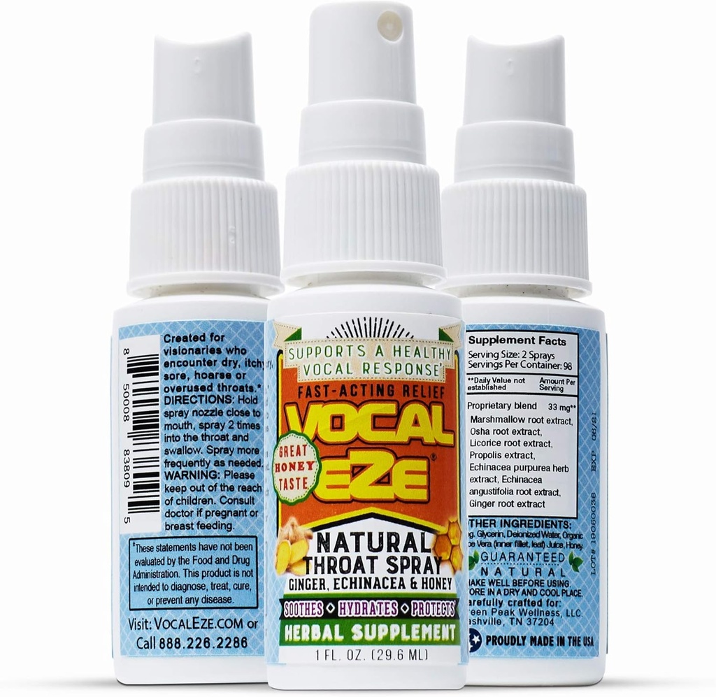 Vocal Eze Hals Spray 124; Relieve Sore, Hoass, Træthed, Tørhed af Hals Budd124; Urteimmunstøtte, Alle naturlige ingredienser (1)