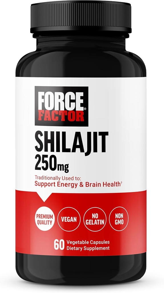 Force Factor Shilajit Supplement, Shilajit for mænd og kvinder til at støtte energi og hjerne sundhed, Shilajit Pure Natural, Premium kvalitet, Vegan, Non- GMO, 60 kapsler