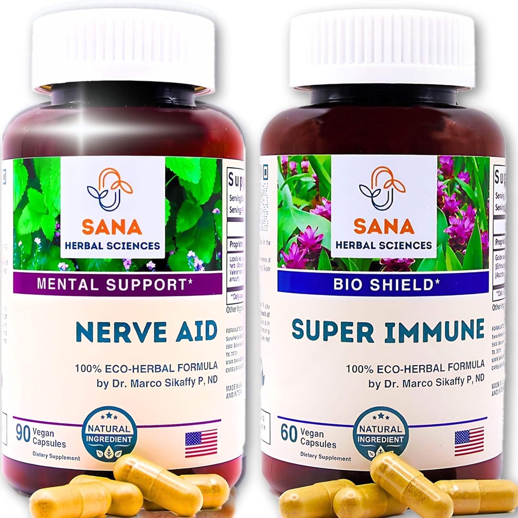 Natural Sleep Aid & Immunity Boost er 124; 10 økologiske urter er 124; med Valerian Root, immunforsvar med Echinacea & C-vitamin er 124; 1350 mg urter per Servering er 124; af Sana Herbal