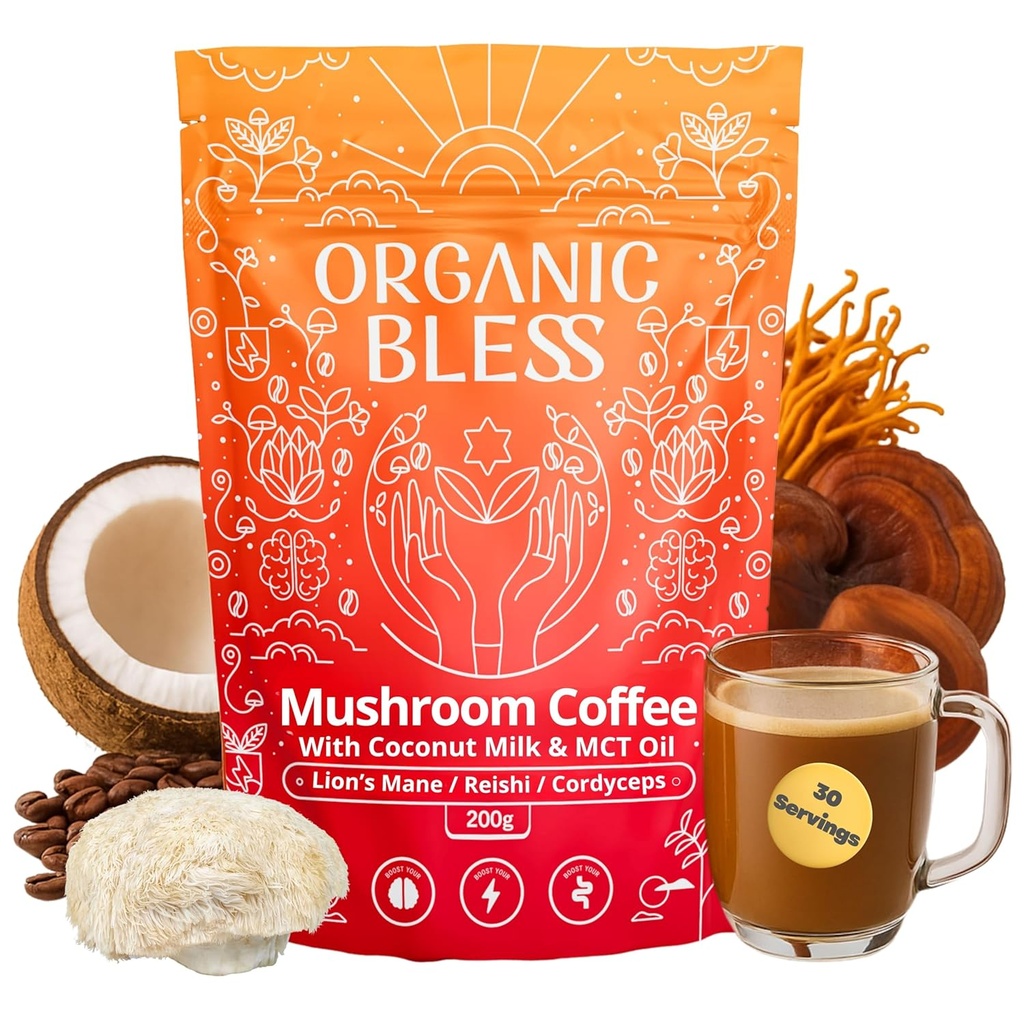 Organic Bless Instant Mushroom Coffee Powder - Organic Lions Mane, Reishi & Cordyceps Blend for Energy, Focus & Clarity - Adaptogen kaffe med kokos Mælk & MCT Oil - 30 Servere