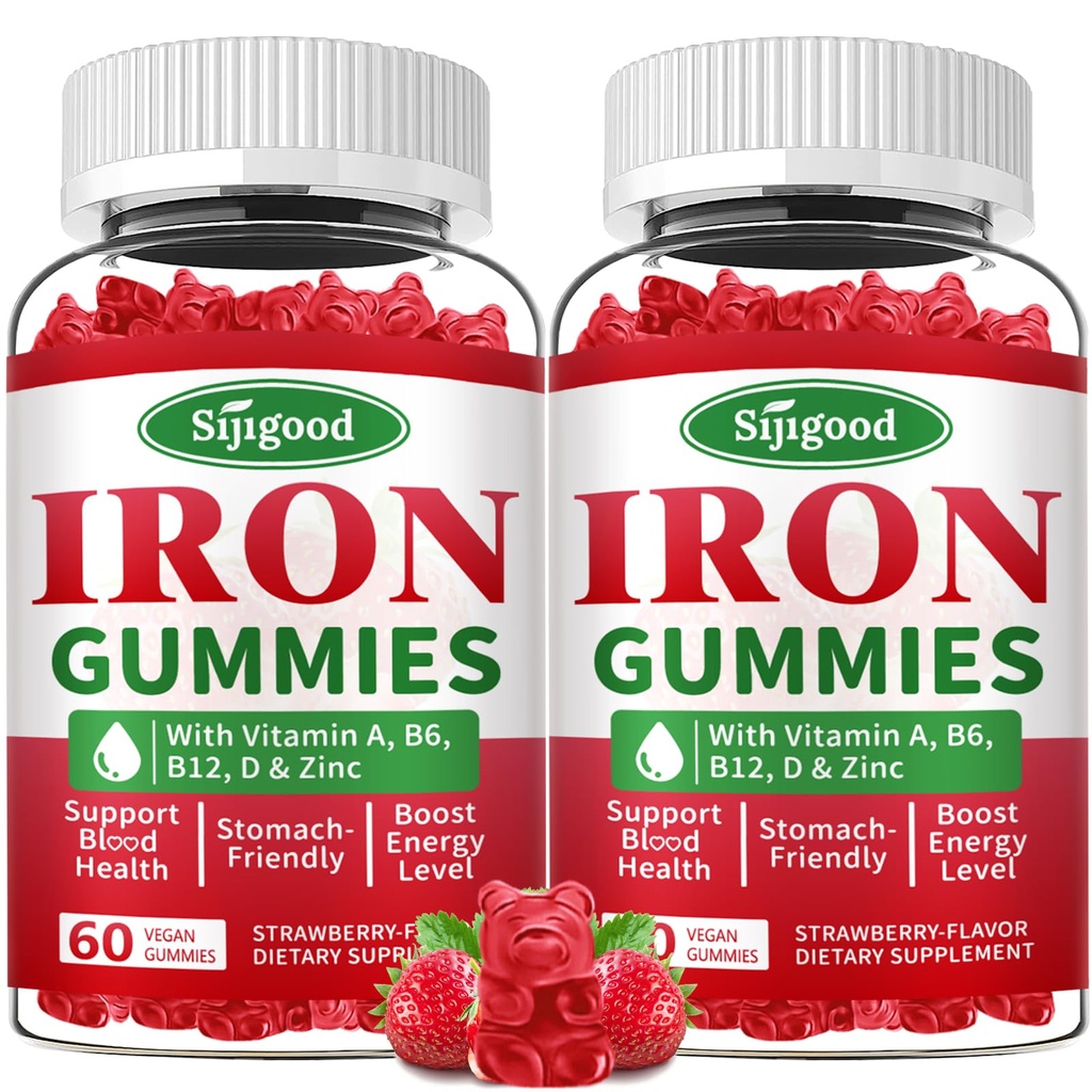 2 Pack Iron Gummies for kvinder & mænd - Vegansk jerntilskud for anæmi & jernmangel, med vitamin B12, C-vitamin, zink, folat - Energy Boost, sukkerfri, Strawberry Flavor, 120 Greve