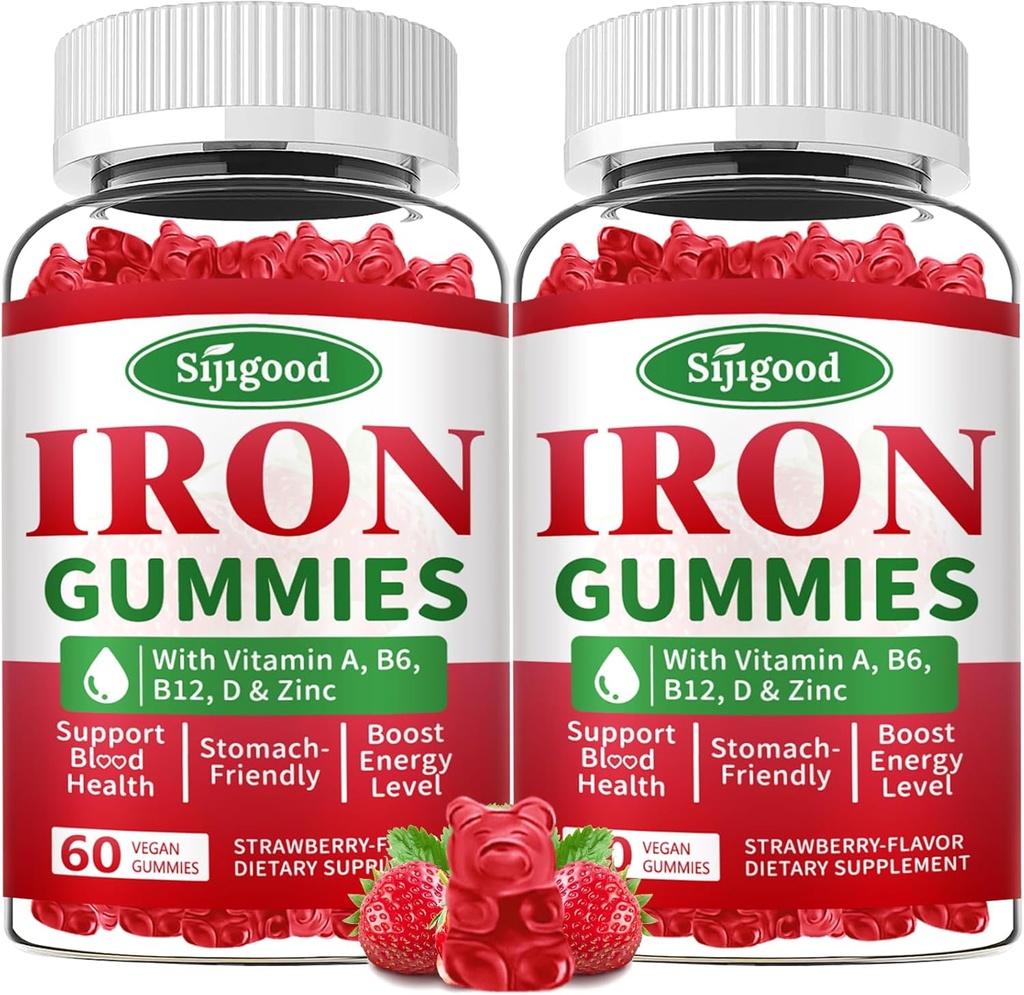 2 Pack Iron Gummies for kvinder & mænd - Vegansk jerntilskud for anæmi & jernmangel, med vitamin B12, C-vitamin, zink, folat - Energy Boost, sukkerfri, Strawberry Flavor, 120 Greve