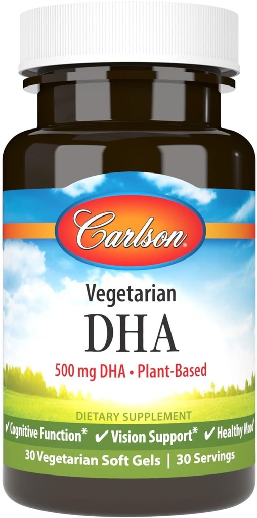 Carlson - Vegetarisk DHA, 500 mg DHA, Plant Based, Sustainable Sourced from Algae, Brain Support, Mood Health, 30 Softgels