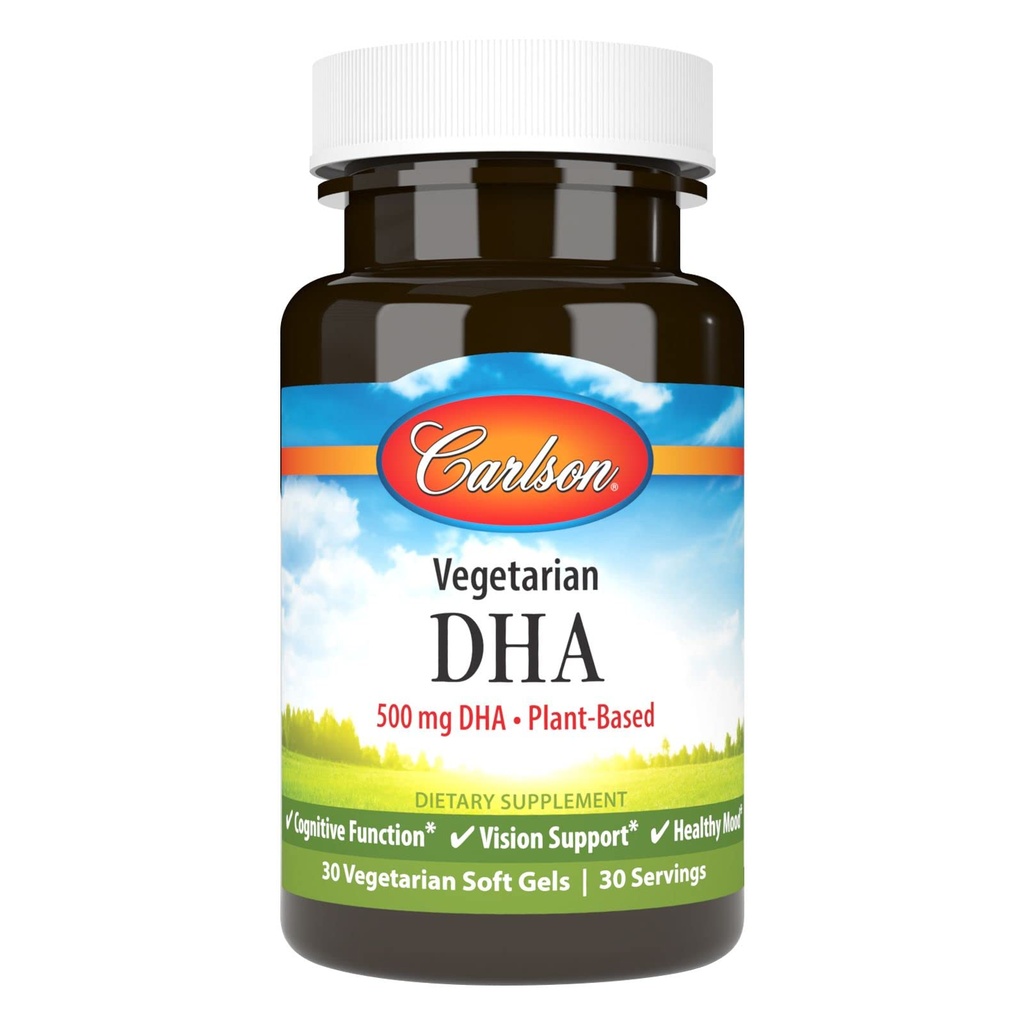 Carlson - Vegetarisk DHA, 500 mg DHA, Plant Based, Sustainable Sourced from Algae, Brain Support, Mood Health, 30 Softgels