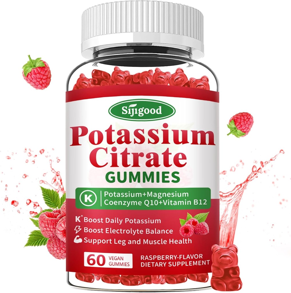 Kalium Citrate Gummies - Kalium supplement til muskelsundhed, ben krampe Relief & Electrolyte Balance, Vegan, Non- GMO, Gluten- fri, Raspberry Flavor, 60 Greve